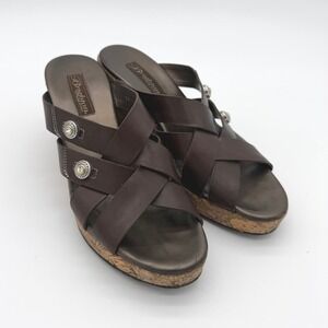 Brighton Derby Wedge Sandals Women 9 M Brown Leather Cork Platform Medallion 280